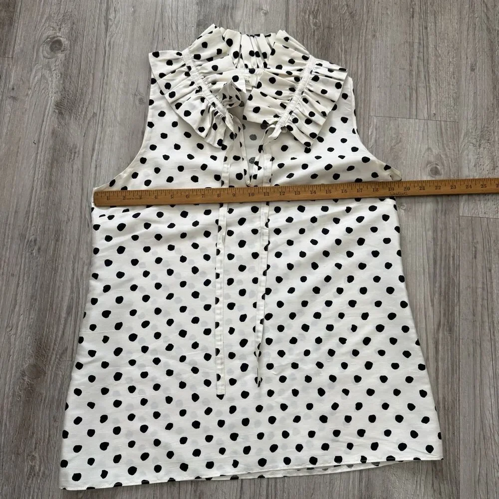 Kate Spade NY 100% Silk Polka Dot Blouse 10 Ruffle Neck Sleeveless Cloud Dot Top